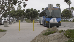 Santa Clarita bus pulling into the Ventura Harbor bus stop.